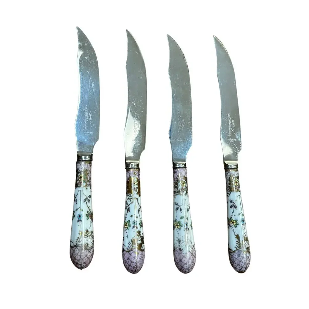 Vintage Hand Painted Pink Porcelain Handle Sheffield stainless steel knives (4)